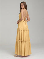 Gold Satin A-Line V-Neck Criss-Cross Straps Floor-Length Bridesmaid Dress with Ruffles - Curvevia