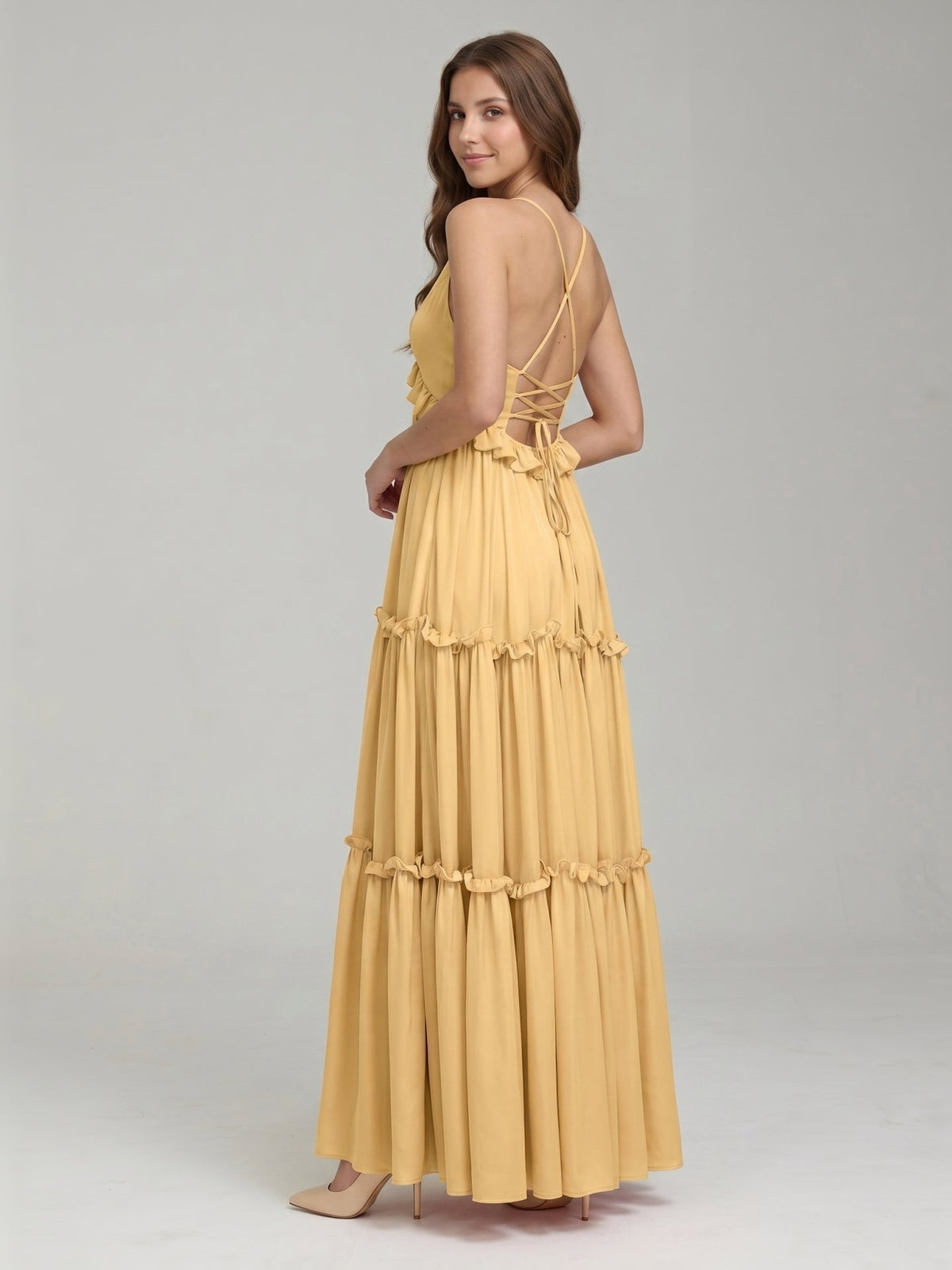 Gold Satin A-Line V-Neck Criss-Cross Straps Floor-Length Bridesmaid Dress with Ruffles - Curvevia