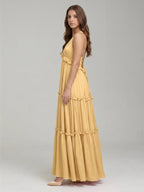 Gold Satin A-Line V-Neck Criss-Cross Straps Floor-Length Bridesmaid Dress with Ruffles - Curvevia