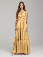 Gold Satin A-Line V-Neck Criss-Cross Straps Floor-Length Bridesmaid Dress with Ruffles - Curvevia