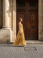 Gold Satin A-Line V-Neck Criss-Cross Straps Floor-Length Bridesmaid Dress with Ruffles - Curvevia