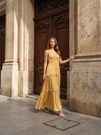 Gold Satin A-Line V-Neck Criss-Cross Straps Floor-Length Bridesmaid Dress with Ruffles - Curvevia