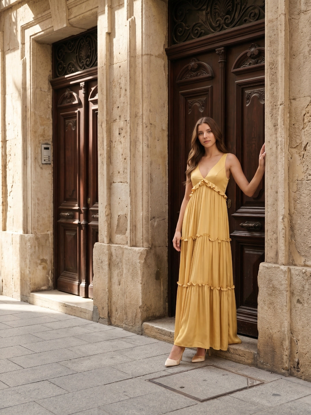Gold Satin A-Line V-Neck Criss-Cross Straps Floor-Length Bridesmaid Dress with Ruffles - Curvevia