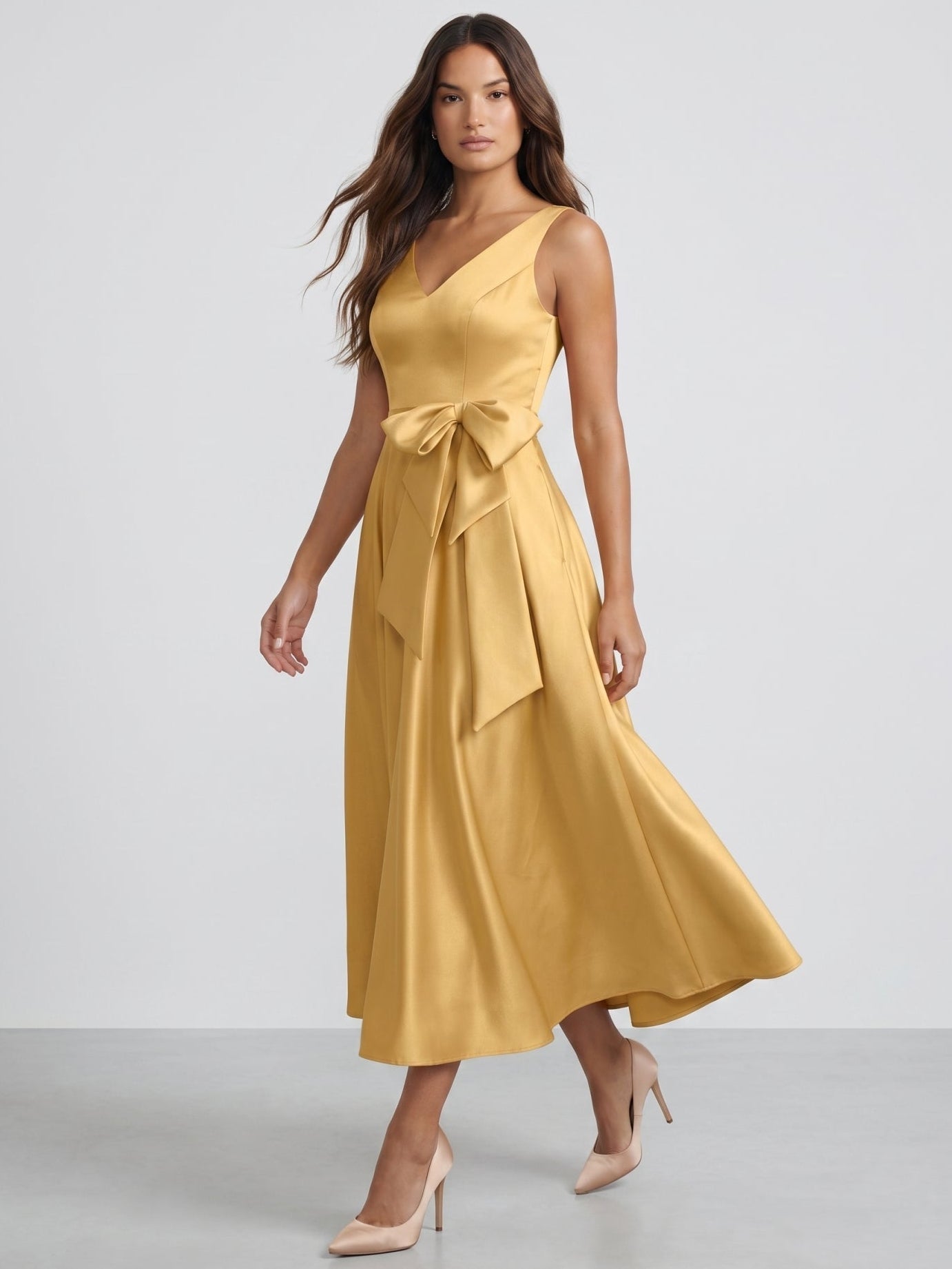 Gold Satin A-Line V-Neck Side-Zip Floor-Length Bridesmaid Dress with Pleats - Curvevia