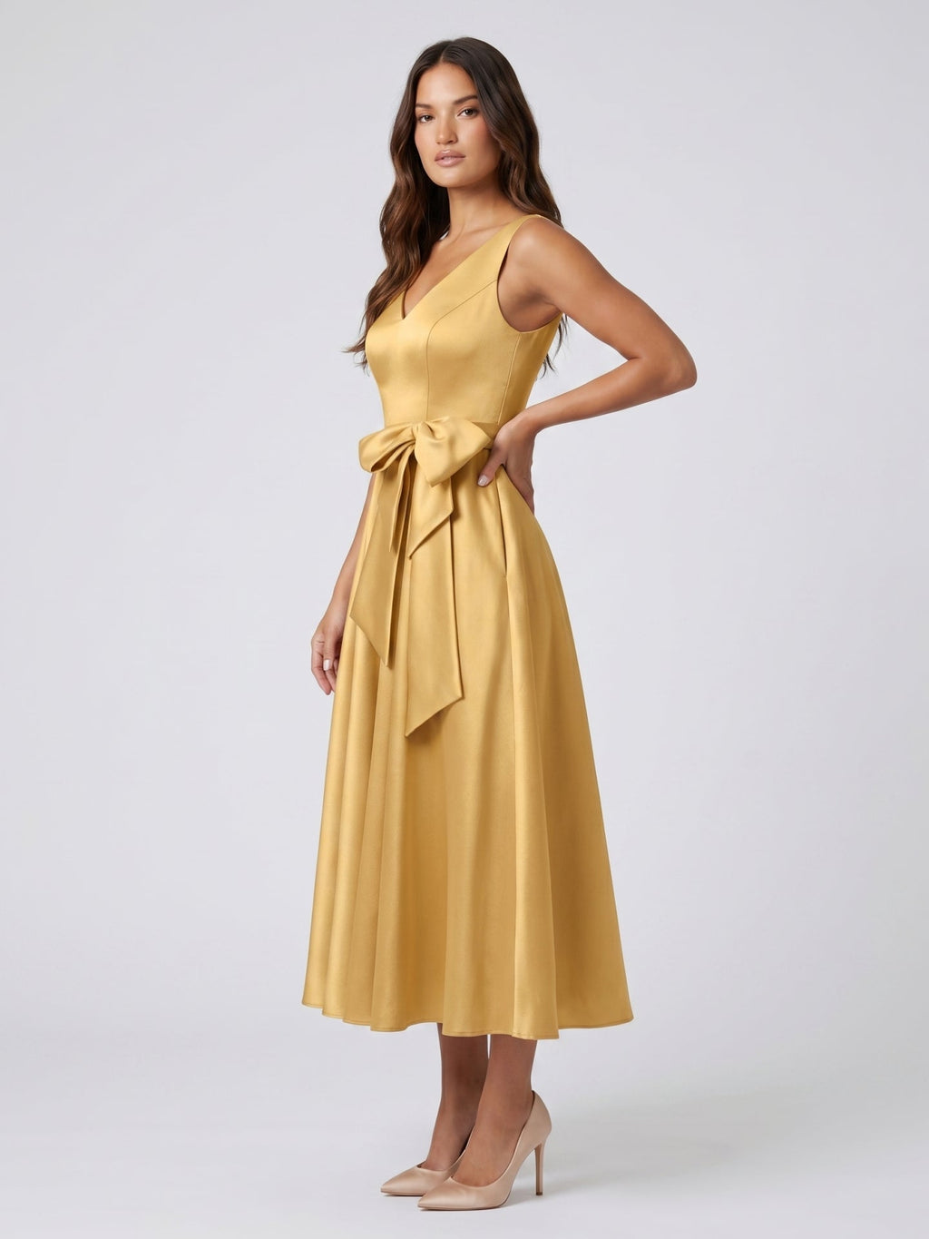 Gold Satin A-Line V-Neck Side-Zip Floor-Length Bridesmaid Dress with Pleats - Curvevia