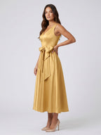 Gold Satin A-Line V-Neck Side-Zip Floor-Length Bridesmaid Dress with Pleats - Curvevia