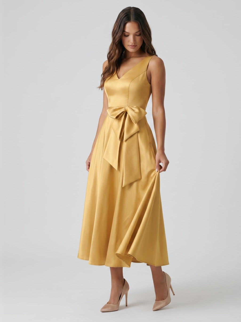 Gold Satin A-Line V-Neck Side-Zip Floor-Length Bridesmaid Dress with Pleats - Curvevia