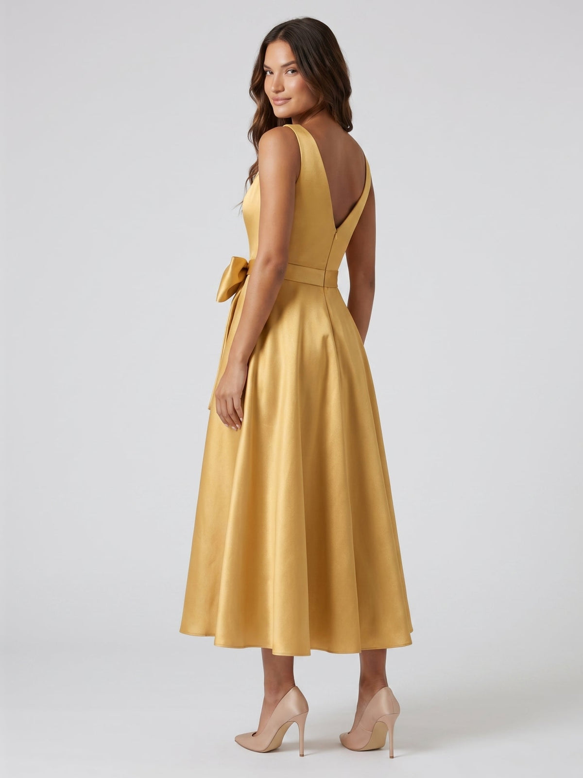 Gold Satin A-Line V-Neck Side-Zip Floor-Length Bridesmaid Dress with Pleats - Curvevia