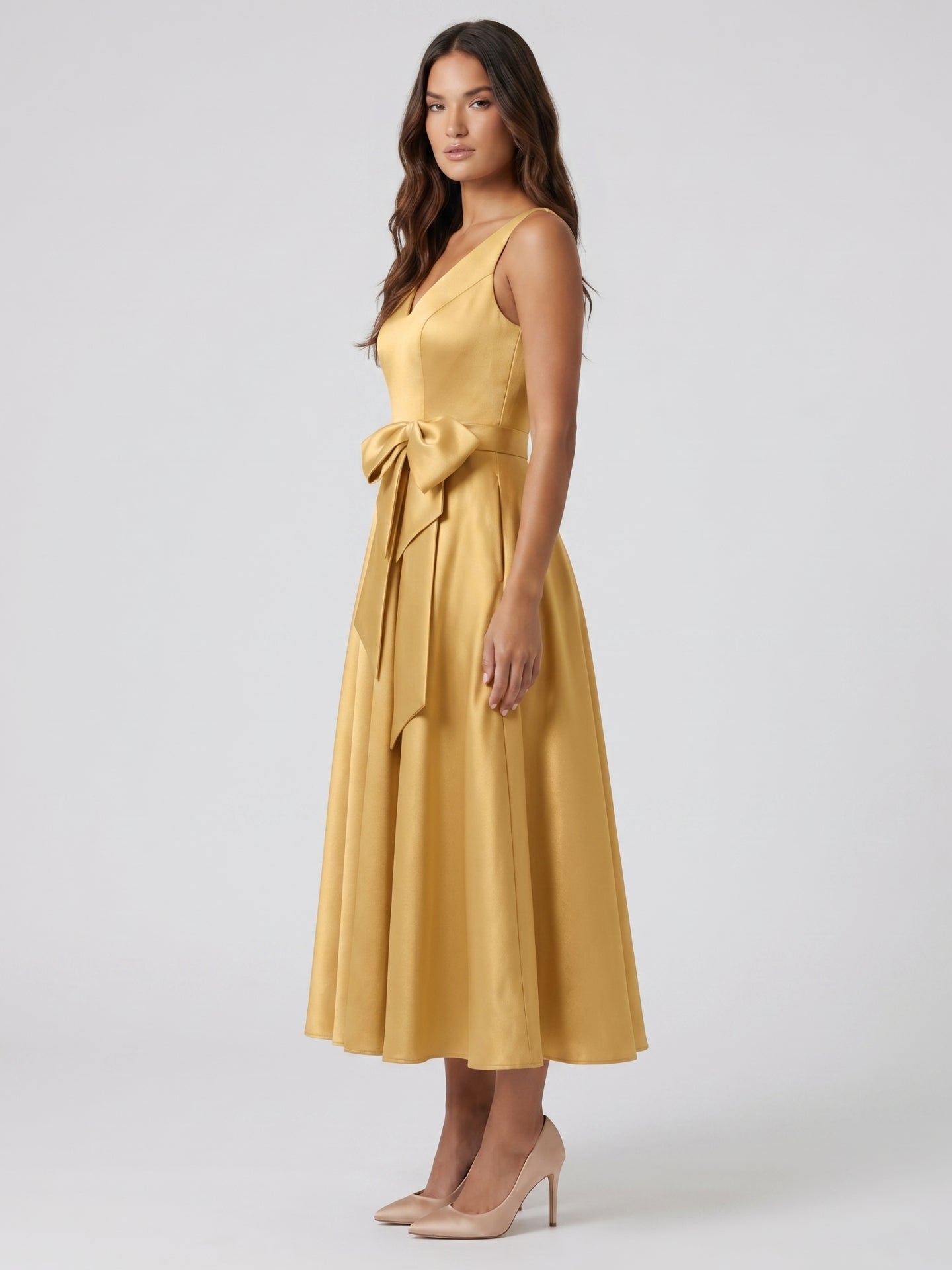 Gold Satin A-Line V-Neck Side-Zip Floor-Length Bridesmaid Dress with Pleats - Curvevia