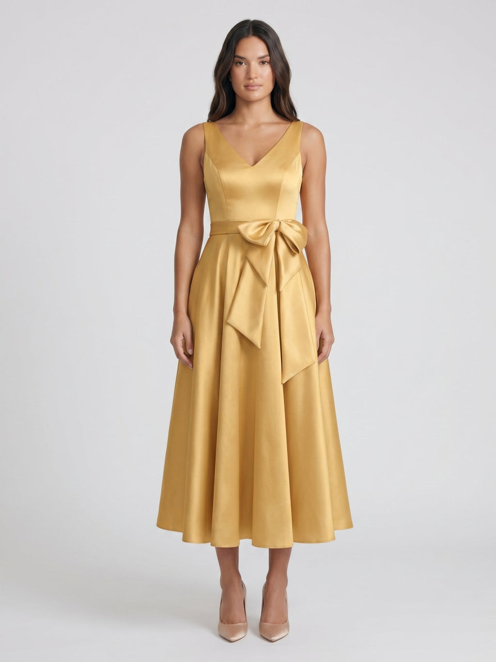 Gold Satin A-Line V-Neck Side-Zip Floor-Length Bridesmaid Dress with Pleats - Curvevia