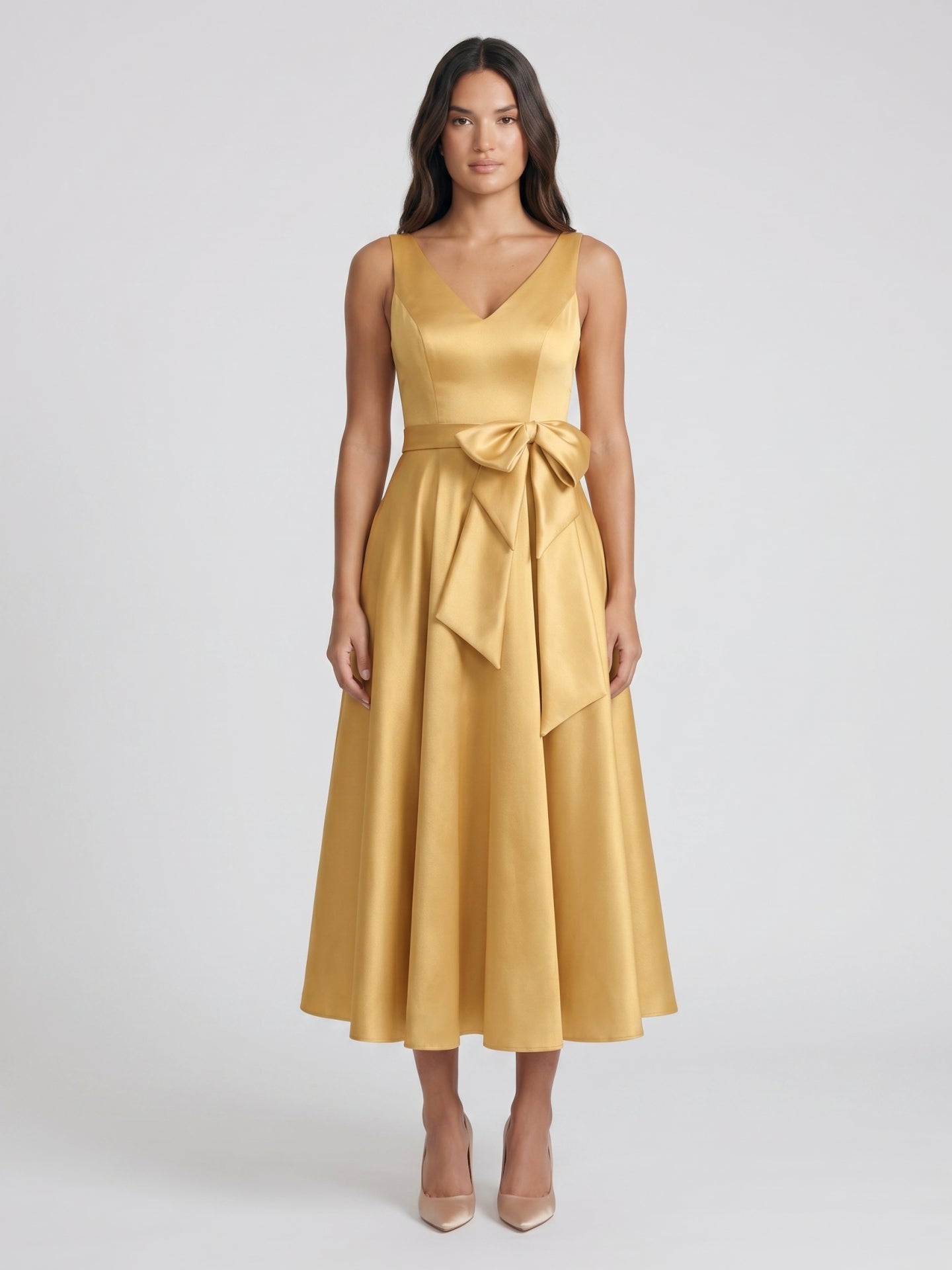 Gold Satin A-Line V-Neck Side-Zip Floor-Length Bridesmaid Dress with Pleats - Curvevia