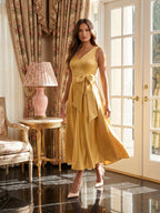 Gold Satin A-Line V-Neck Side-Zip Floor-Length Bridesmaid Dress with Pleats - Curvevia