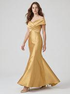 Gold Satin Mermaid Off-the-Shoulder Floor-Length Bridesmaid Dress - Curvevia