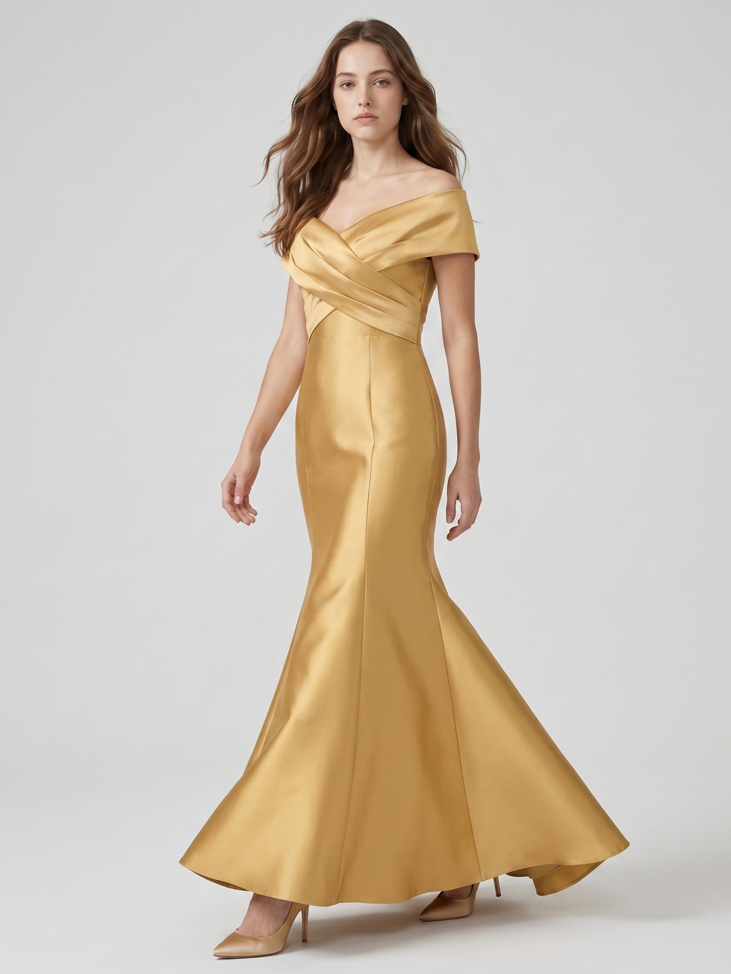 Gold Satin Mermaid Off-the-Shoulder Floor-Length Bridesmaid Dress - Curvevia