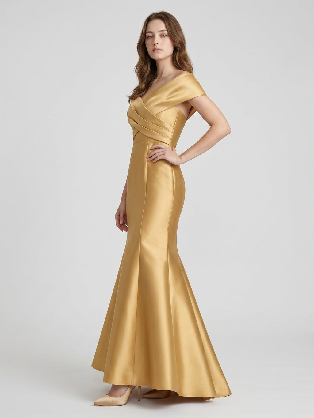 Gold Satin Mermaid Off-the-Shoulder Floor-Length Bridesmaid Dress - Curvevia