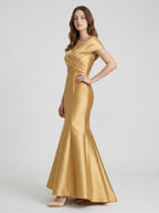 Gold Satin Mermaid Off-the-Shoulder Floor-Length Bridesmaid Dress - Curvevia