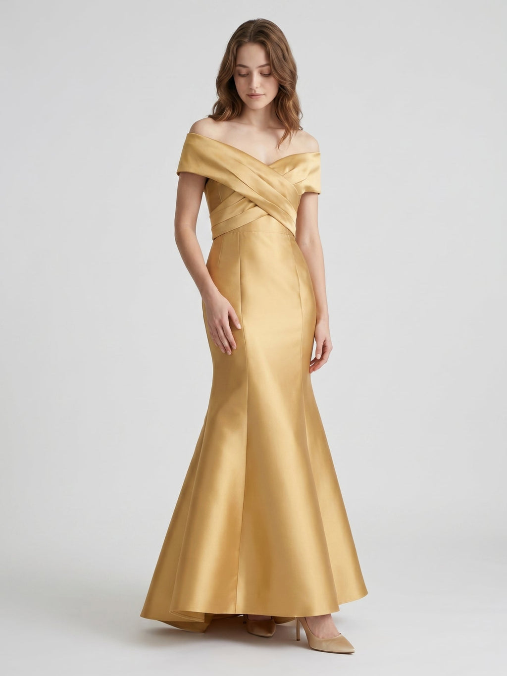 Gold Satin Mermaid Off-the-Shoulder Floor-Length Bridesmaid Dress - Curvevia