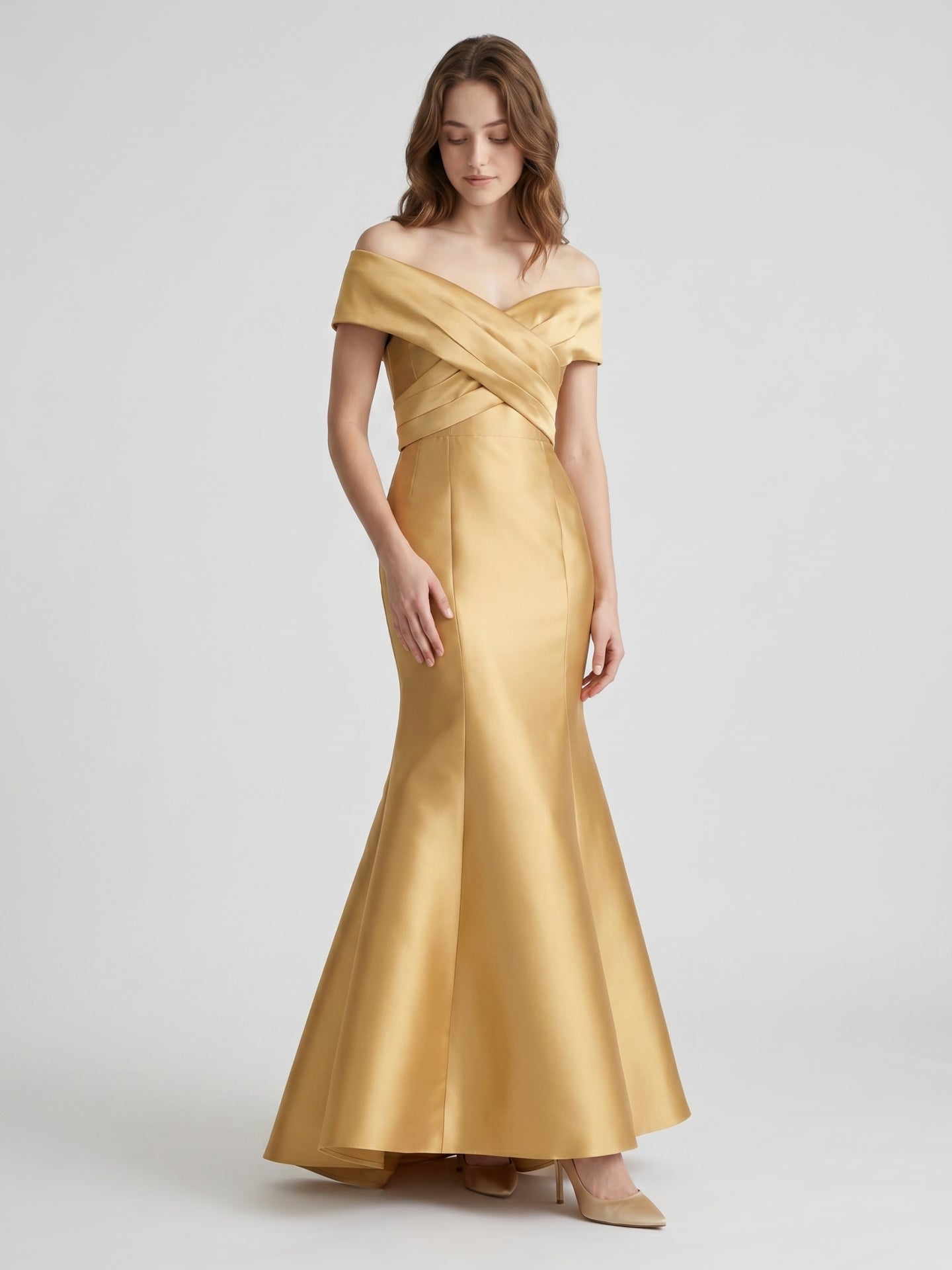 Gold Satin Mermaid Off-the-Shoulder Floor-Length Bridesmaid Dress - Curvevia