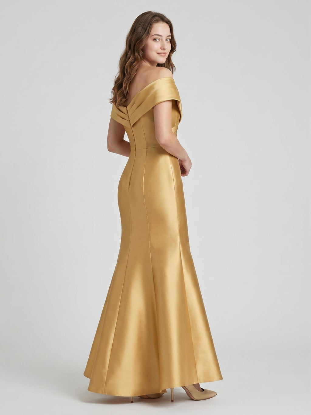 Gold Satin Mermaid Off-the-Shoulder Floor-Length Bridesmaid Dress - Curvevia