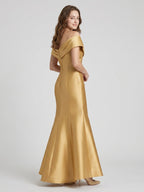 Gold Satin Mermaid Off-the-Shoulder Floor-Length Bridesmaid Dress - Curvevia