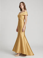 Gold Satin Mermaid Off-the-Shoulder Floor-Length Bridesmaid Dress - Curvevia