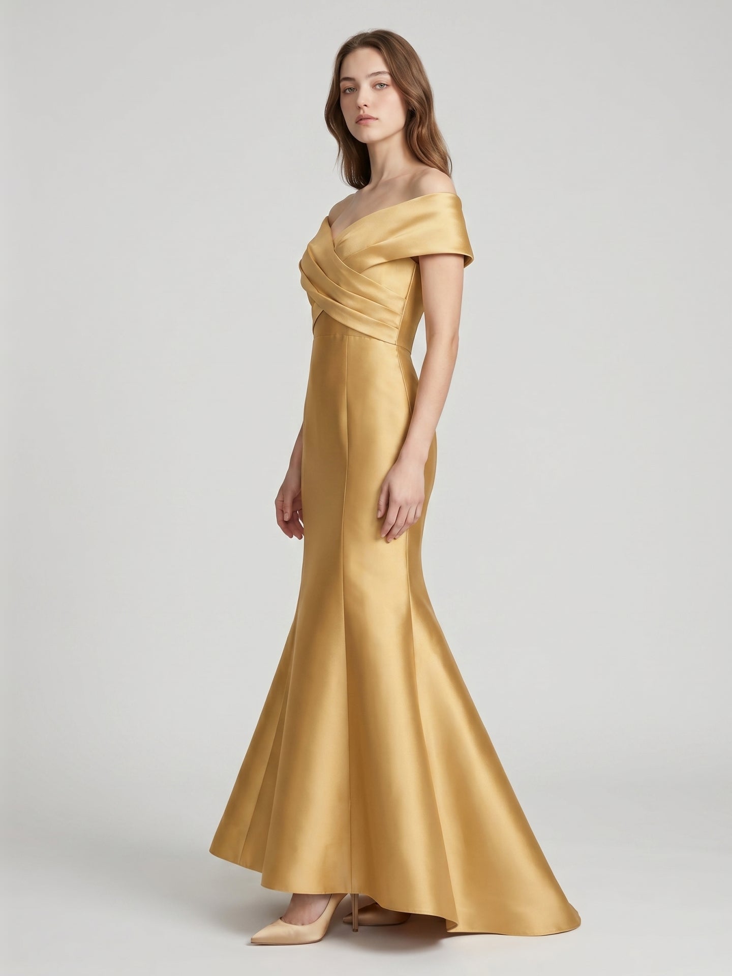 Gold Satin Mermaid Off-the-Shoulder Floor-Length Bridesmaid Dress - Curvevia