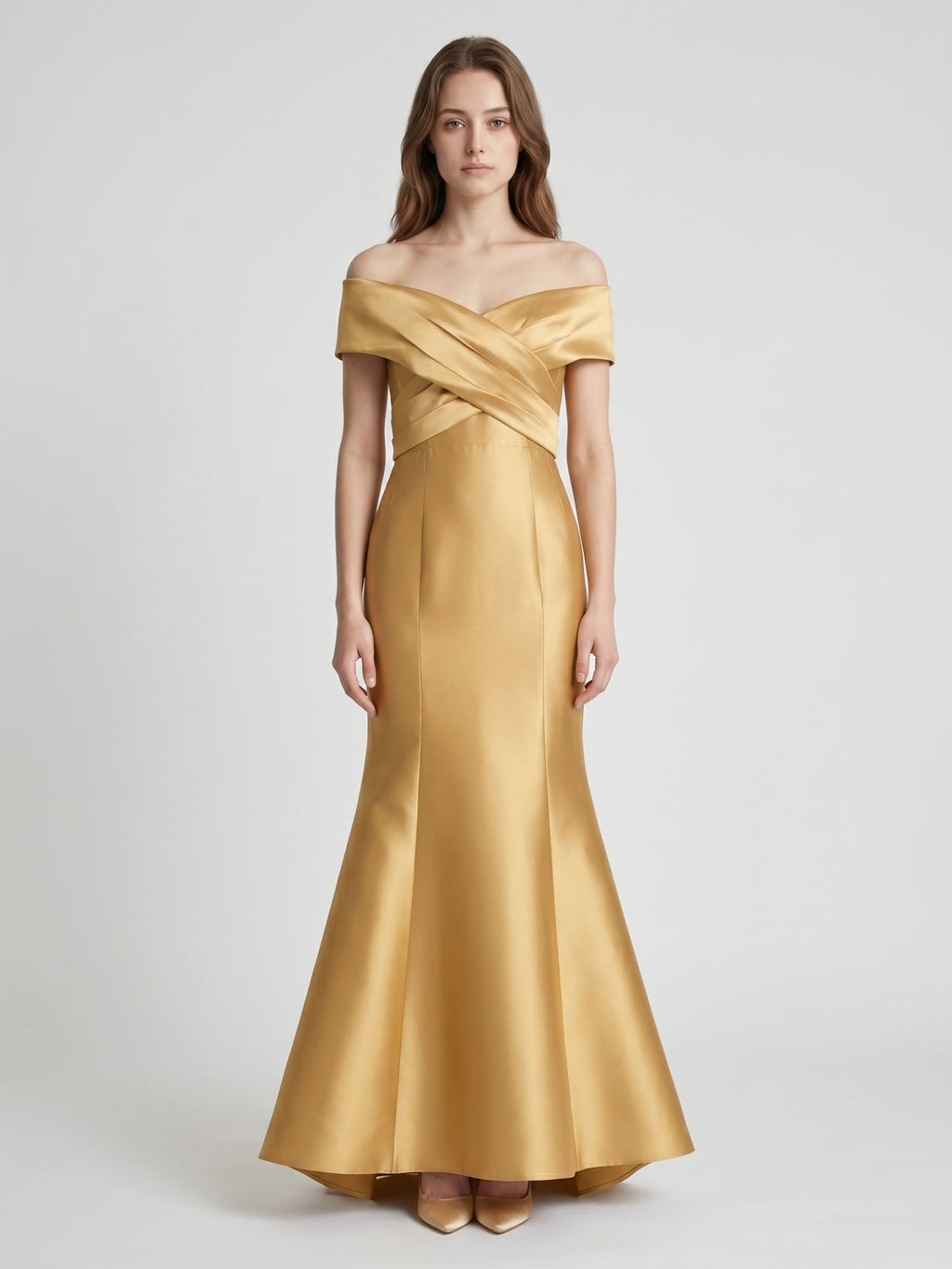 Gold Satin Mermaid Off-the-Shoulder Floor-Length Bridesmaid Dress - Curvevia