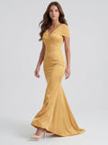 Gold Satin Mermaid V-Neck Back-Zip Floor-Length Bridesmaid Dress - Curvevia