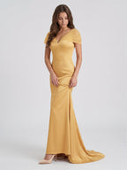 Gold Satin Mermaid V-Neck Back-Zip Floor-Length Bridesmaid Dress - Curvevia