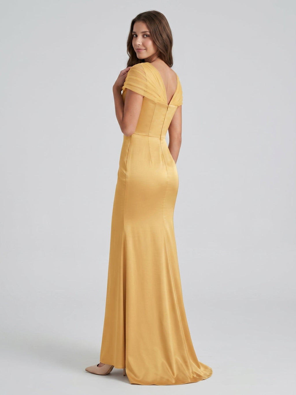 Gold Satin Mermaid V-Neck Back-Zip Floor-Length Bridesmaid Dress - Curvevia