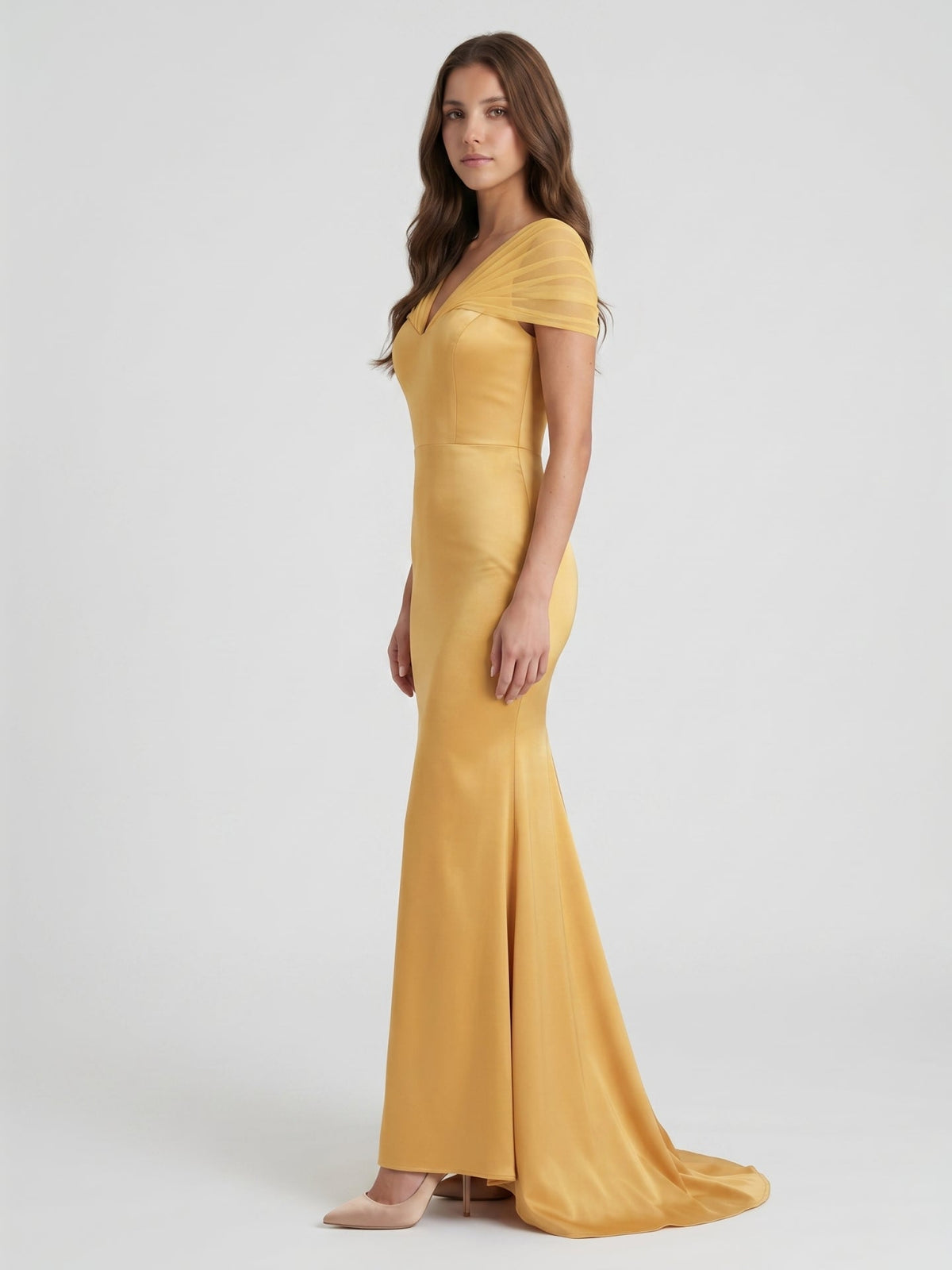 Gold Satin Mermaid V-Neck Back-Zip Floor-Length Bridesmaid Dress - Curvevia
