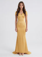 Gold Satin Mermaid V-Neck Back-Zip Floor-Length Bridesmaid Dress - Curvevia