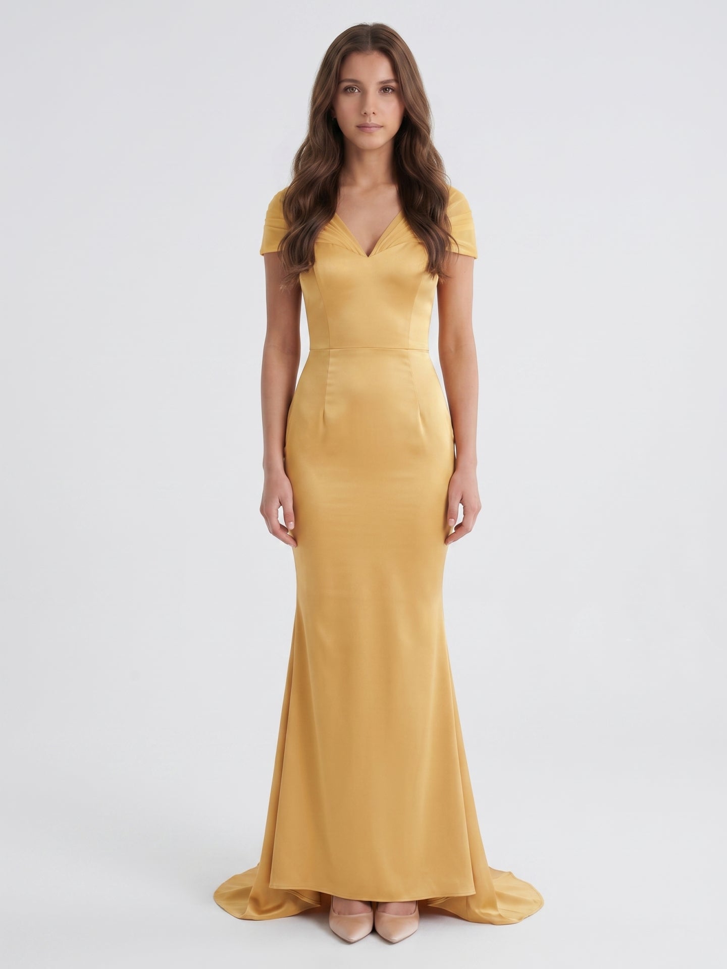 Gold Satin Mermaid V-Neck Back-Zip Floor-Length Bridesmaid Dress - Curvevia