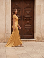 Gold Satin Mermaid V-Neck Back-Zip Floor-Length Bridesmaid Dress - Curvevia