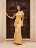 Gold Satin Mermaid V-Neck Back-Zip Floor-Length Bridesmaid Dress - Curvevia
