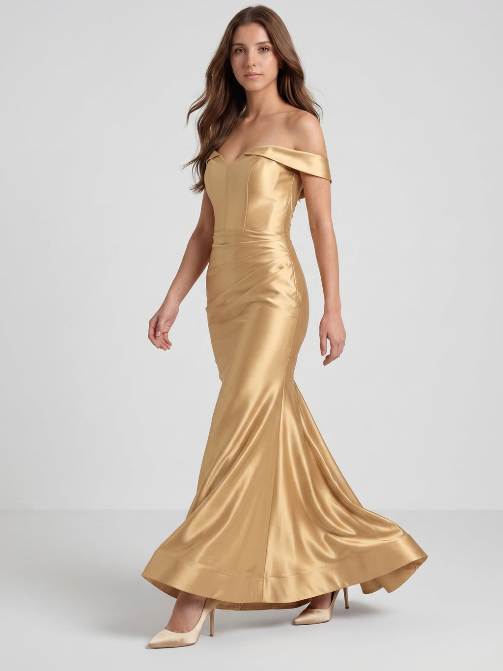Gold Satin column Off-the-Shoulder Corset Back Floor-Length Bridesmaid Dress - Curvevia