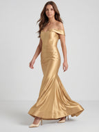 Gold Satin column Off-the-Shoulder Corset Back Floor-Length Bridesmaid Dress - Curvevia
