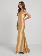 Gold Satin column Off-the-Shoulder Corset Back Floor-Length Bridesmaid Dress - Curvevia