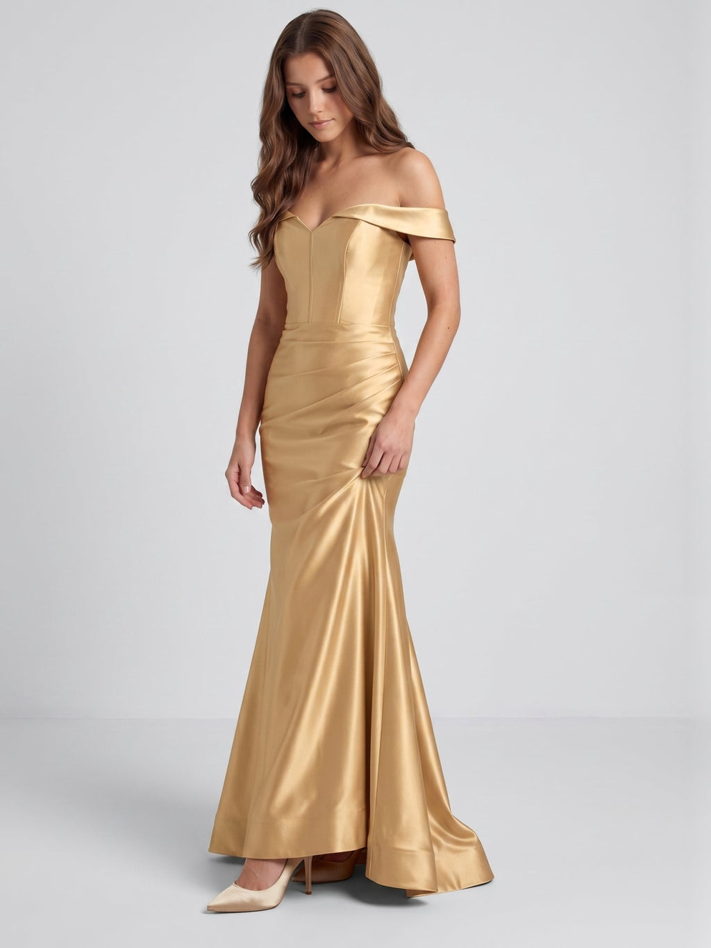 Gold Satin column Off-the-Shoulder Corset Back Floor-Length Bridesmaid Dress - Curvevia