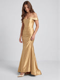Gold Satin column Off-the-Shoulder Corset Back Floor-Length Bridesmaid Dress - Curvevia