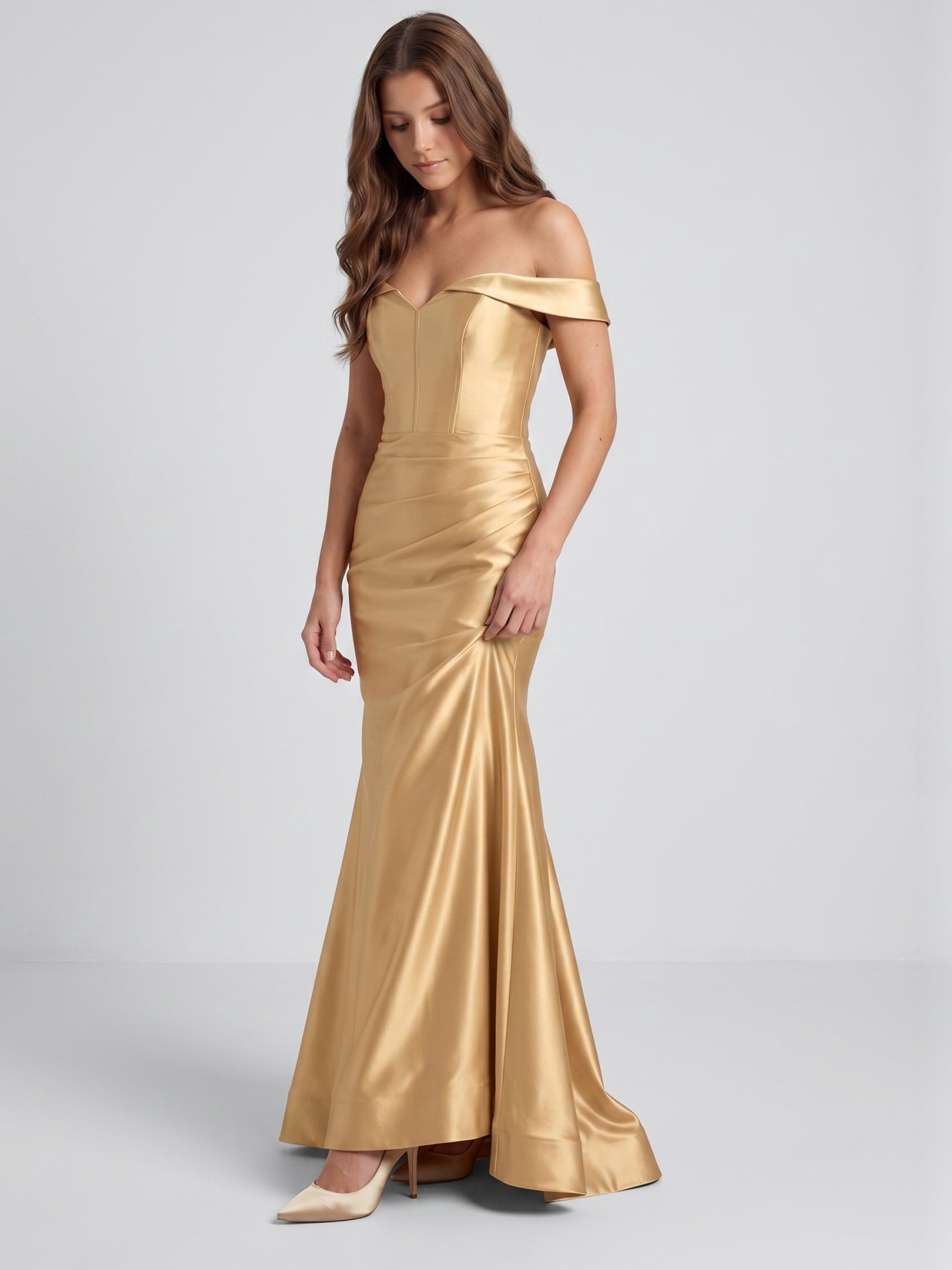 Gold Satin column Off-the-Shoulder Corset Back Floor-Length Bridesmaid Dress - Curvevia