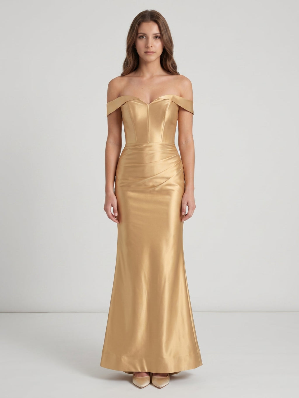Gold Satin column Off-the-Shoulder Corset Back Floor-Length Bridesmaid Dress - Curvevia