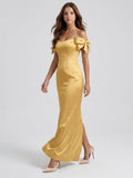 Gold Satin Sheath Off-the-Shoulder Floor-Length Bridesmaid Dress with Bow - Curvevia