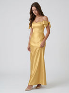 Gold Satin Sheath Off-the-Shoulder Floor-Length Bridesmaid Dress with Bow - Curvevia