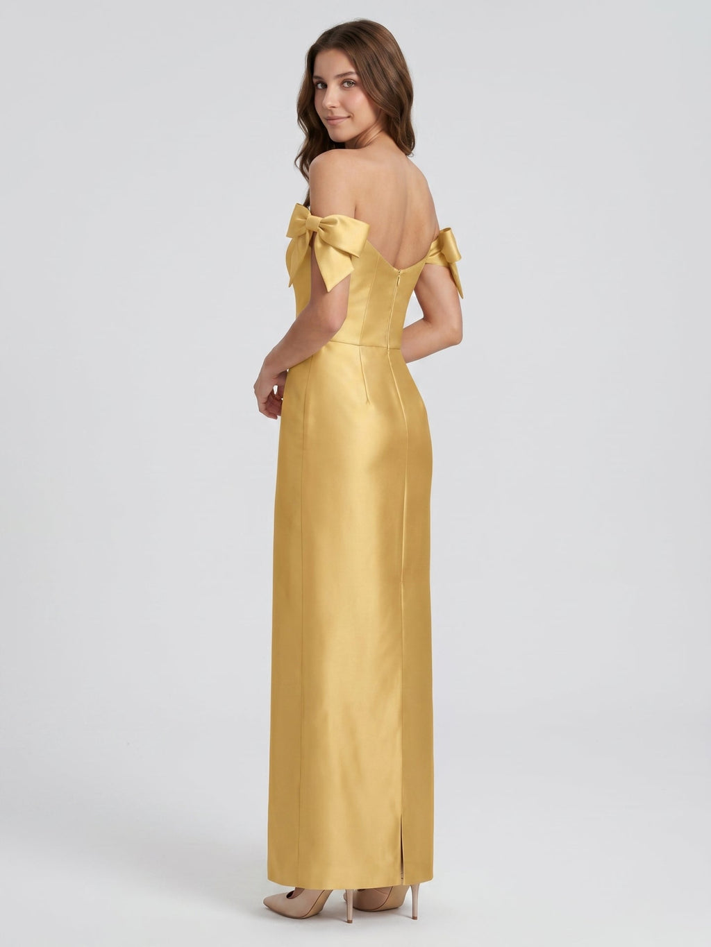 Gold Satin Sheath Off-the-Shoulder Floor-Length Bridesmaid Dress with Bow - Curvevia
