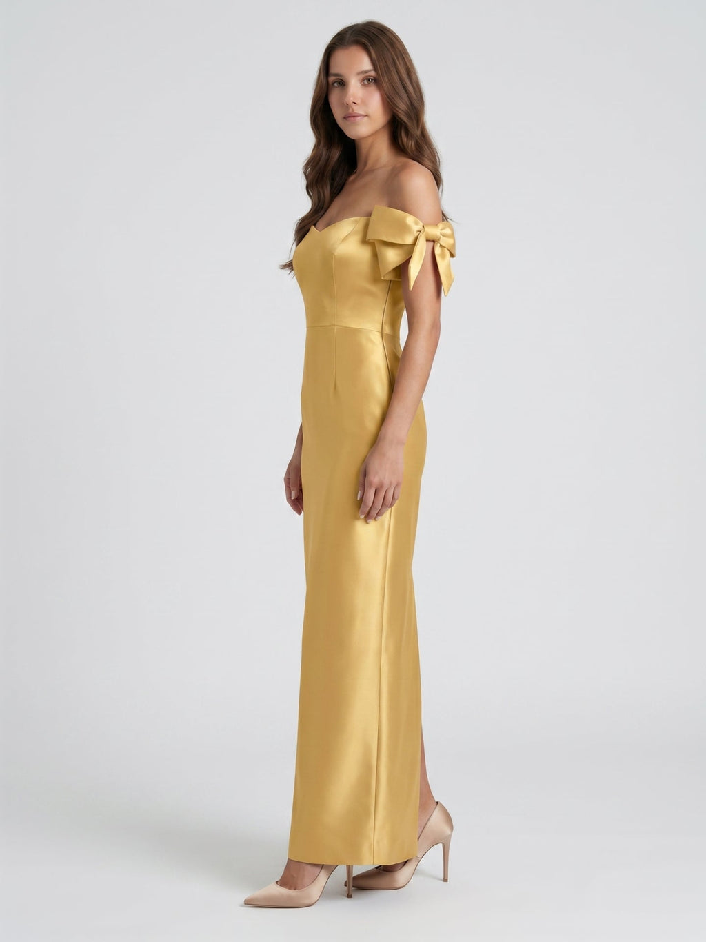 Gold Satin Sheath Off-the-Shoulder Floor-Length Bridesmaid Dress with Bow - Curvevia