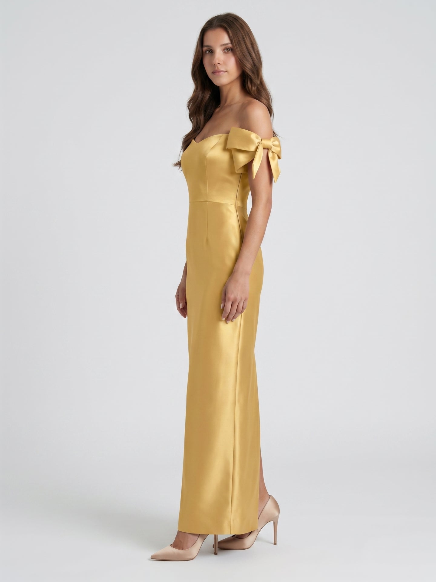 Gold Satin Sheath Off-the-Shoulder Floor-Length Bridesmaid Dress with Bow - Curvevia