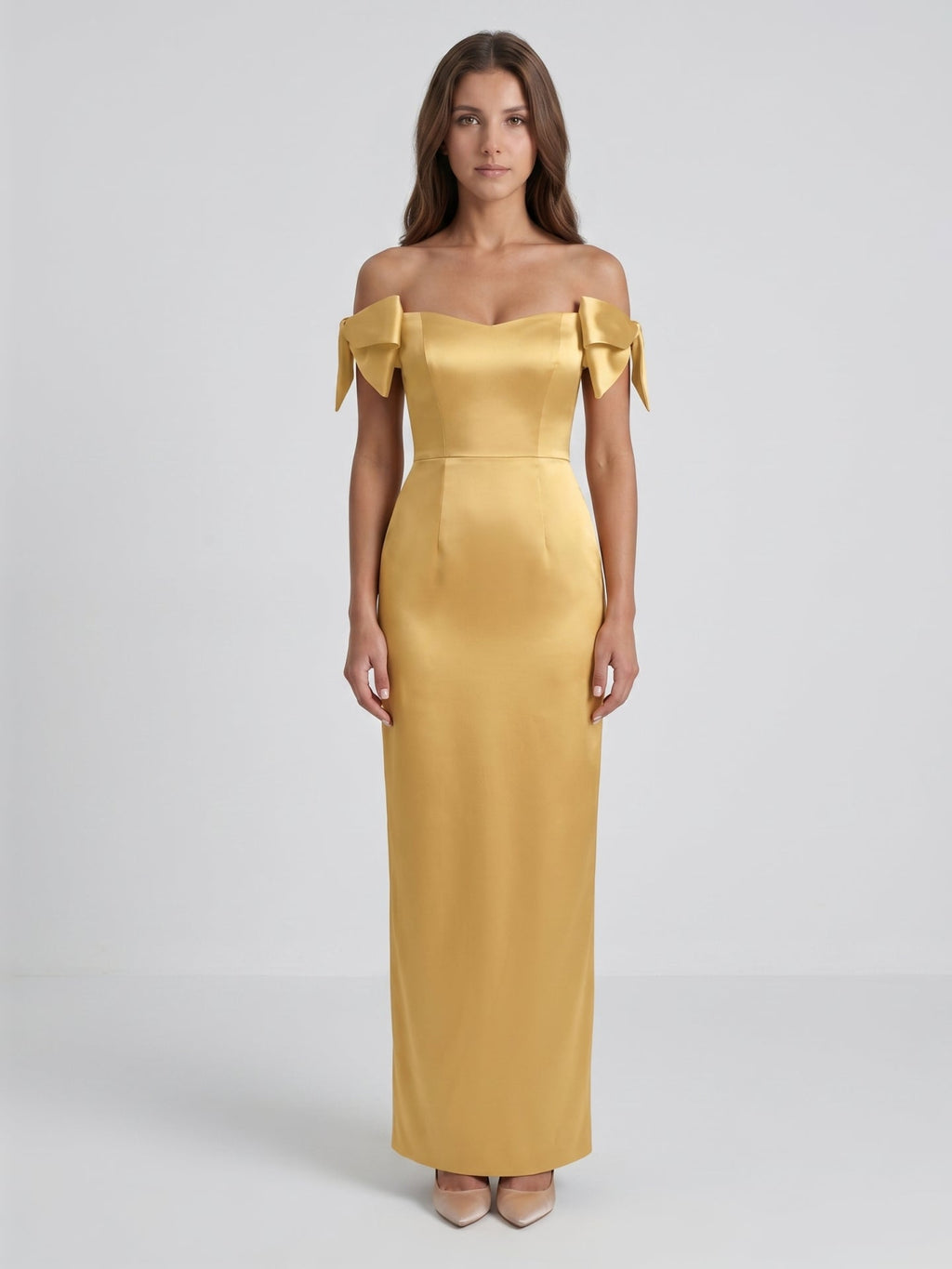 Gold Satin Sheath Off-the-Shoulder Floor-Length Bridesmaid Dress with Bow - Curvevia