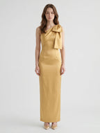 Gold Satin column One-Shoulder Side-Zip Floor-Length Bridesmaid Dress with Bow - Curvevia