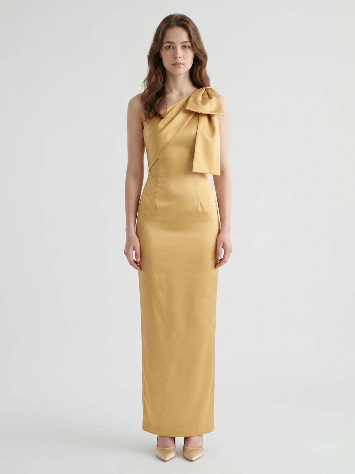 Gold Satin column One-Shoulder Side-Zip Floor-Length Bridesmaid Dress with Bow - Curvevia